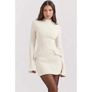 House of CB London Dress Mock‎ Neck Long Sleeve Mini Dress Large Off White Crepe